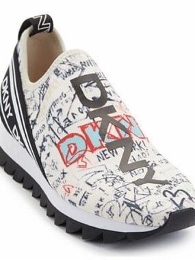 DKNY White Slip-On Sneaker with Black and Red Graffiti Accents